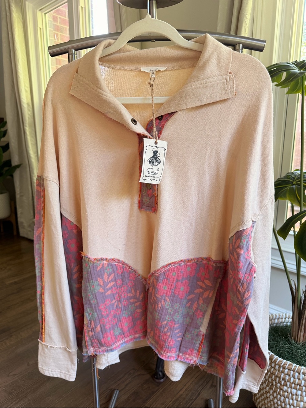 easel Pale Pink Pullover with Floral Patch Panels